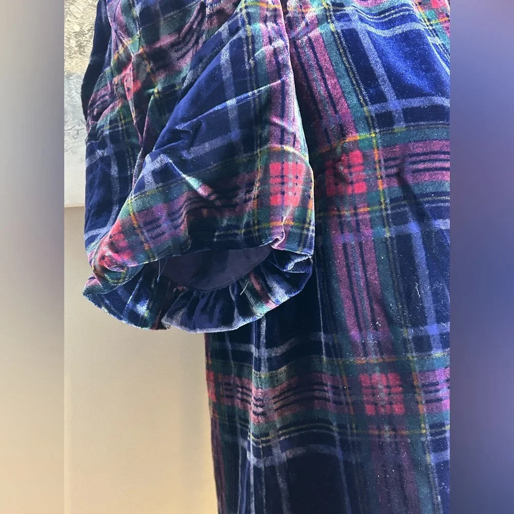 Boden Velvet Plaid Puff Sleeve Top - Navy, Red & Green size US 4 UK 8